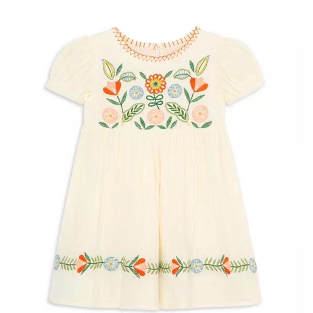 Peek Baby Girl Cream Dress Colorful Folk Floral Embroidery Size 6-12M